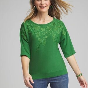 Chico's Sweater Womens XXL 4 Dolman Sleeve Green Embroidered Floral NWT $109